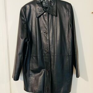 Elegant Black Leather Coat for Women, Size Large